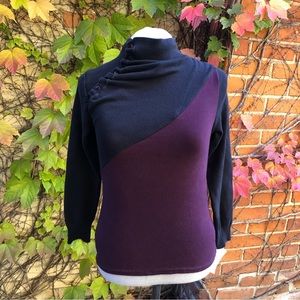 Cotton Ruche Sweater Black Plum Purple Asymmetric Collar Button Upcycled…